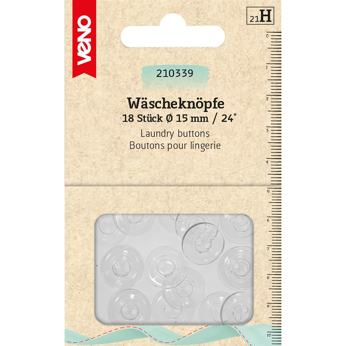 Wäscheknöpfe 15 mm in Transparent von VENO – Ansicht eines 18er-Packs auf weißem Hintergrund